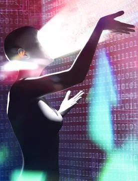 3d render female robot standing on blue cyberspace background. 스톡 일러스트