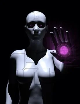 3d render female robot standing on dark background. Illustrazione stock