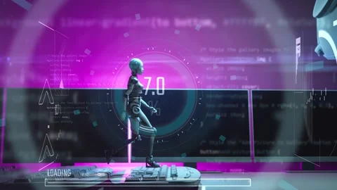 3d render of female robot walking on loop keyboards with drop mouse on floor Stock Footage 246677700