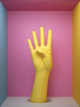 3d render, female yellow artificial hand four fingers up, mannequin body part イラスト素材