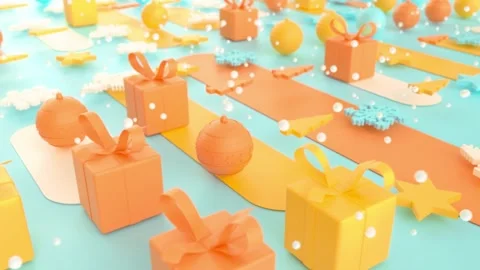 3d render festive holiday gift boxes ornaments and seasonal icons floating .. Stock Footage 345613127