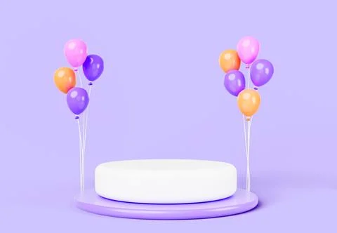 3d render festive podium display with color balloons on purple background Stock Illustration