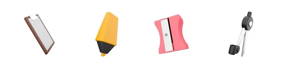 3d render file, marker, sharpener, compasses icon set on white background. 3d Stock Illustration