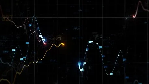 3d render finance background with depth of field. Few graphs and random digit Stock Illustration