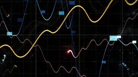 3d render finance background with depth of field. Few graphs and random digit Stock Illustration