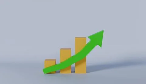 3D render of financial growth chart with rising green arrow and yellow bar Stock Photos