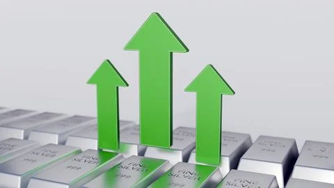 3D render of a "FINE SILVER 999" bullion bar and green upward arrows. Illustrazione stock