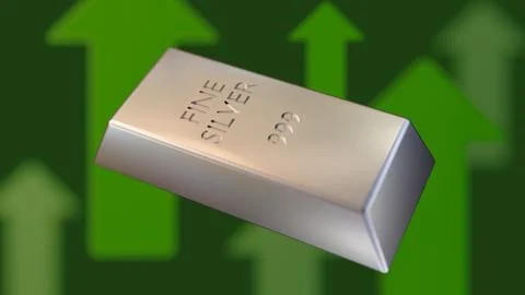 3D render of a "FINE SILVER 999" bullion bar and green upward arrows. Illustrazione stock