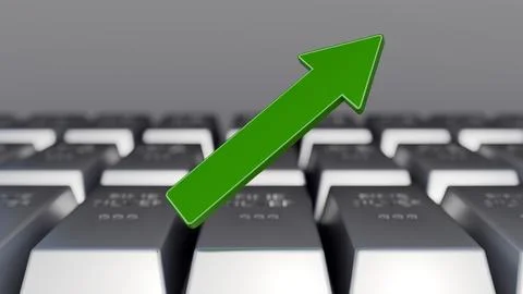 3D render of a "FINE SILVER 999" bullion bar and green upward arrows. 스톡 일러스트