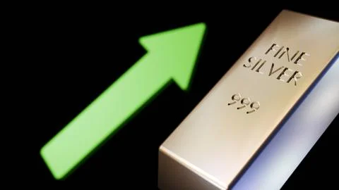 3D render of a "FINE SILVER 999" bullion bar and green upward arrows. Stock Illustration