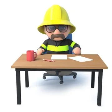3d render of a fireman sitting at his desk. Stock Illustration