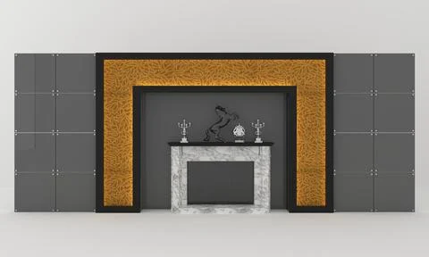 3d render of a fireplace by a decorated wall with decorative objects Illustrazione stock