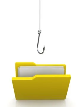 3d render of a fishing hook dangling above folder of documents Stock Illustration