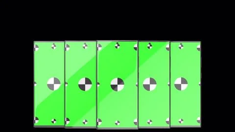 3D render of five smartphone with a green background. Rotating in screen. With a Stock Illustration
