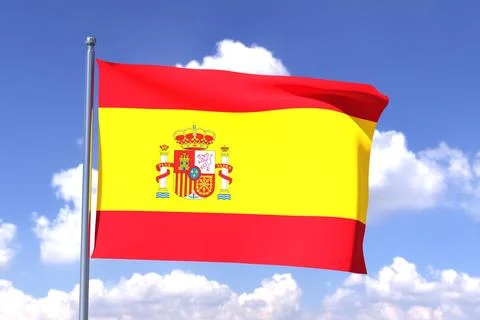 3d render of the flag of Spain on a cloudy sky background Stock Illustration