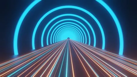 3d render of flash neon and light glowing on dark scene. Speed light tunnel.. Stock Illustration