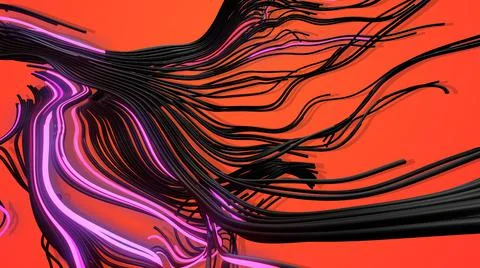 3d render. Flashing curved lines like curl noise. Concept of neural network Illustrazione stock