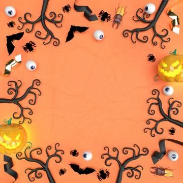 3d render. Flat lay with Halloween pumpkins, dead trees, eyes, bats, spider, bug Stock Illustration