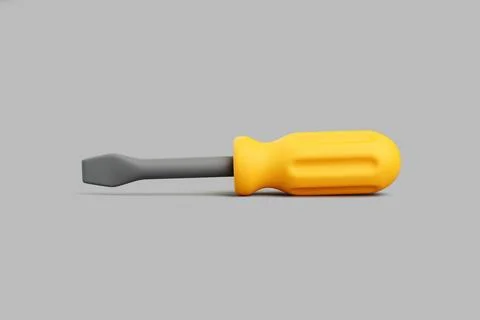 3D render of flathead screwdriver lying on grey surface with yellow handle Stock Illustration