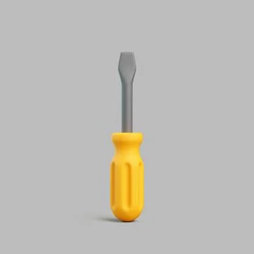 3D render of flathead screwdriver with yellow handle on grey background Stock Illustration