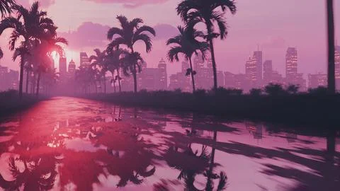 3d render a flight along wet asphalt in retro style at sunset Stock Illustration