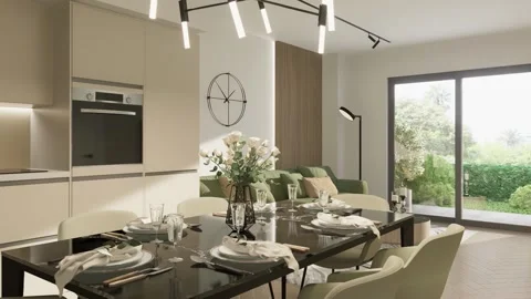 3d-render. The flight of the camera around the table in the studio apartment Stock Footage 241498345