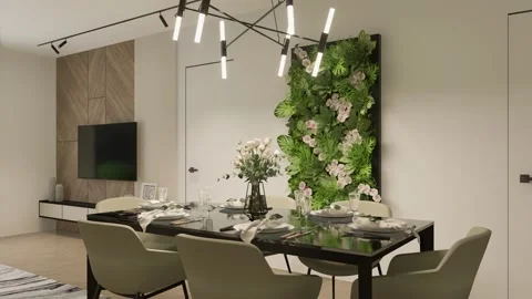 3d-render. The flight of the camera around the table in the studio apartment Stock Footage 241666454