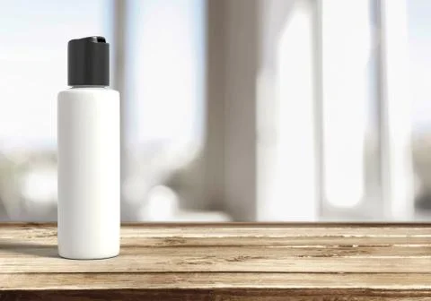3d render of flip top white cosmetic bottle with black lid on a wooden table Stock Illustration