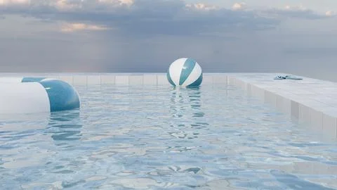 3d render of floating beach ball and clouds approaching swimming pool Stockillustratie