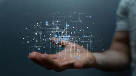 3d render of floating binary codes connected with lines over a man's hand Foto stock