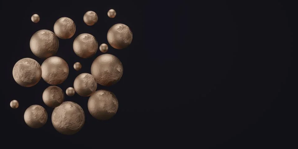 3d render of floating bronze spheres on dark background Stock Illustration