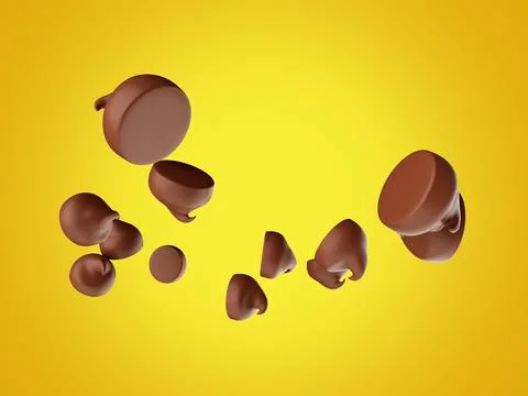 3D render of floating chocolate chips or morsel drops isolated on a bright yello Stock Illustration