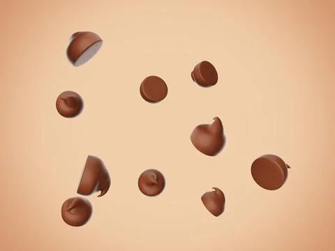 3D render of floating chocolate chips or morsel drops isolated on a pastel brown Stock Illustration