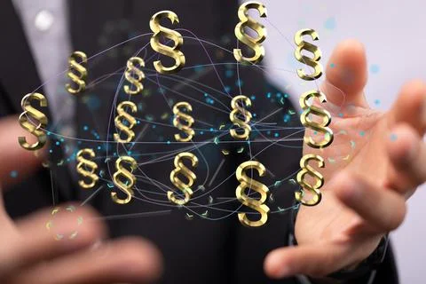 A 3D render of floating connected paragraph law and justice symbols in a lawy Stock Photos