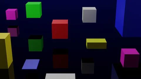 3D Render Floating Cube Colorful with Dark Blue Reflective Background 4K Stock Illustration