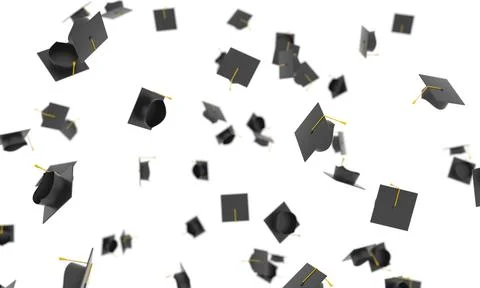 3D render of floating graduation caps on a white background Stock Illustration