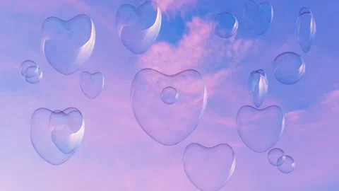 3D render of floating heart shaped soap bubbles on a pink purple sunset backgrou Stock Footage 225640087
