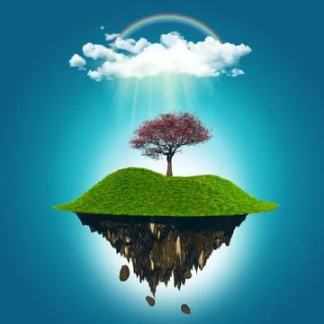 3D render of a floating island with a cherry tree, rainbow and raincloud Stock Illustration
