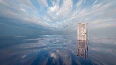 3d render of floating open door over a calm sea 스톡 일러스트