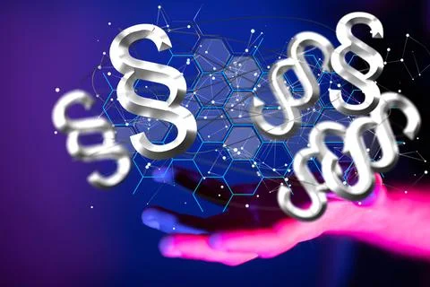 3D render of floating paragraph law and justice symbols Stock Photos