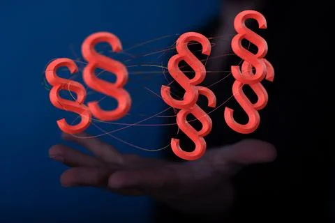 3D render of floating red paragraph law and justice symbols Stock Photos