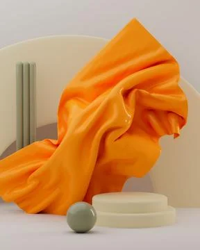 3D render of a floating silky fabric on a table with geometric objects Stock Illustration