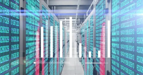 3D render floating white bar chart along aisle, server racks showing code and Video stock 309111379