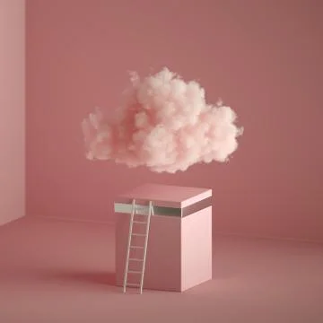 3d render of a fluffy cloud, ladder near the cubic pedestal, minimal room Stock Illustration