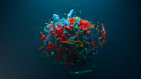 3d render, fluid liquid splash color on dark background Stock Photos