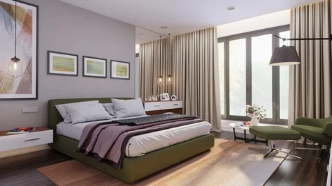 3d render. Flying around the bed in the bedroom Stock Footage 112129871