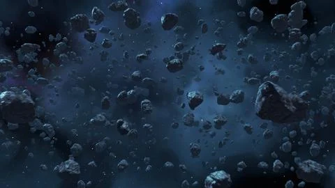 3d render Flying asteroids in outer space Illustrazione stock