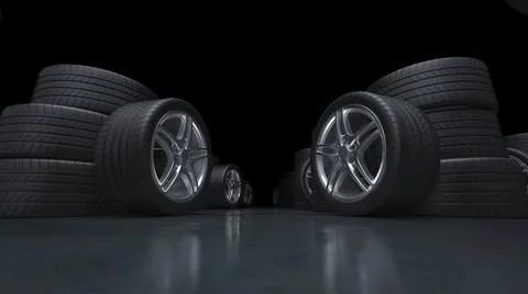 3d render flying down the corridor of car tires Stock-Illustration