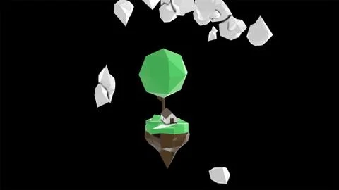 3d render. Flying island in the clouds, with nice house under green tree over Stock Illustration