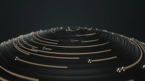 3d render Flying over golden ball with circular topographic lines and particles 스톡 일러스트